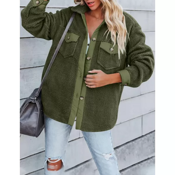 imageZESICA Womens Winter Casual Sherpa Fleece Jacket Long Sleeve Button Solid Warm Fuzzy Outwear Coat PocketsArmygreen