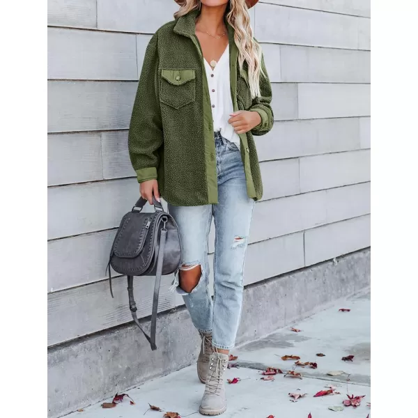imageZESICA Womens Winter Casual Sherpa Fleece Jacket Long Sleeve Button Solid Warm Fuzzy Outwear Coat PocketsArmygreen
