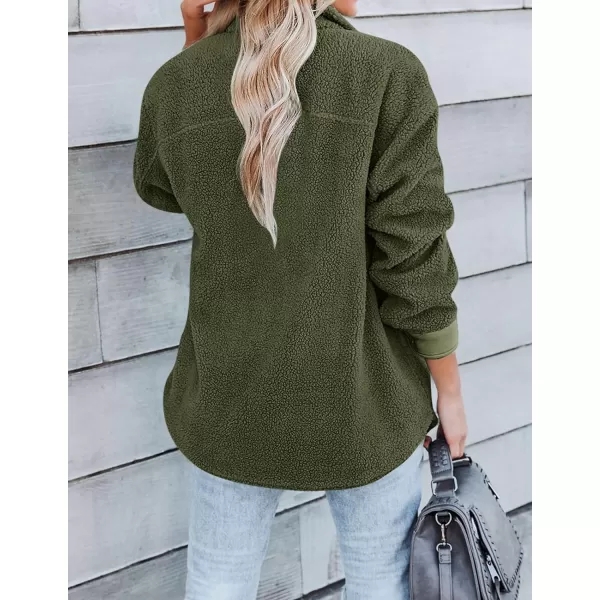 imageZESICA Womens Winter Casual Sherpa Fleece Jacket Long Sleeve Button Solid Warm Fuzzy Outwear Coat PocketsArmygreen