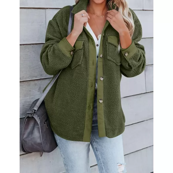 imageZESICA Womens Winter Casual Sherpa Fleece Jacket Long Sleeve Button Solid Warm Fuzzy Outwear Coat PocketsArmygreen