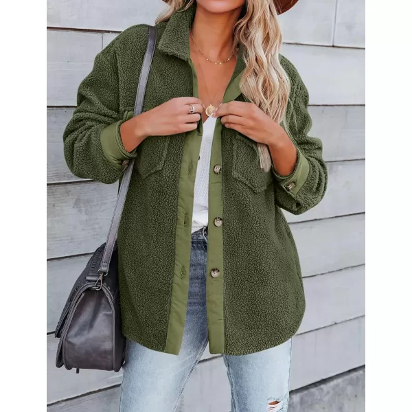 imageZESICA Womens Winter Casual Sherpa Fleece Jacket Long Sleeve Button Solid Warm Fuzzy Outwear Coat PocketsArmygreen