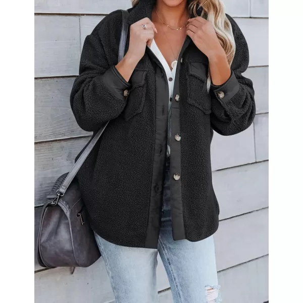 imageZESICA Womens Winter Casual Sherpa Fleece Jacket Long Sleeve Button Solid Warm Fuzzy Outwear Coat PocketsBlack