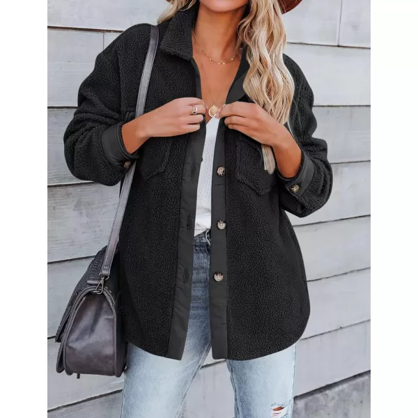 imageZESICA Womens Winter Casual Sherpa Fleece Jacket Long Sleeve Button Solid Warm Fuzzy Outwear Coat PocketsBlack