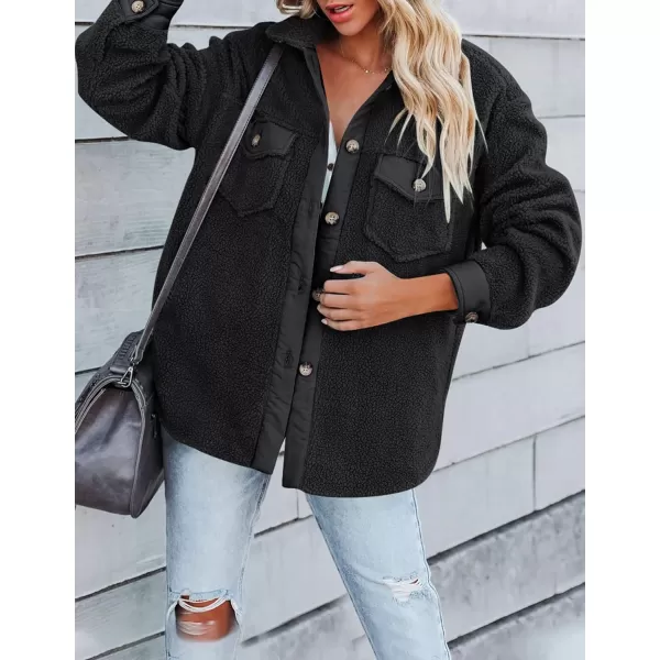 imageZESICA Womens Winter Casual Sherpa Fleece Jacket Long Sleeve Button Solid Warm Fuzzy Outwear Coat PocketsBlack