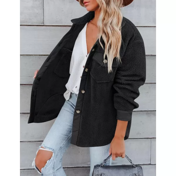 imageZESICA Womens Winter Casual Sherpa Fleece Jacket Long Sleeve Button Solid Warm Fuzzy Outwear Coat PocketsBlack