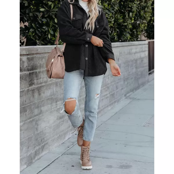 imageZESICA Womens Winter Casual Sherpa Fleece Jacket Long Sleeve Button Solid Warm Fuzzy Outwear Coat PocketsBlack