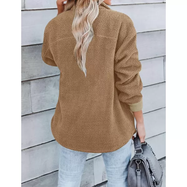imageZESICA Womens Winter Casual Sherpa Fleece Jacket Long Sleeve Button Solid Warm Fuzzy Outwear Coat PocketsCamel