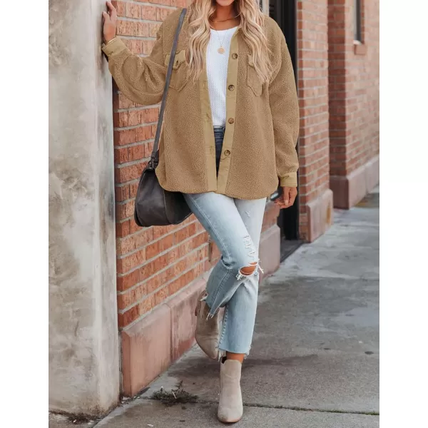 imageZESICA Womens Winter Casual Sherpa Fleece Jacket Long Sleeve Button Solid Warm Fuzzy Outwear Coat PocketsCamel