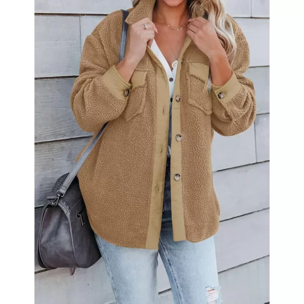 imageZESICA Womens Winter Casual Sherpa Fleece Jacket Long Sleeve Button Solid Warm Fuzzy Outwear Coat PocketsCamel