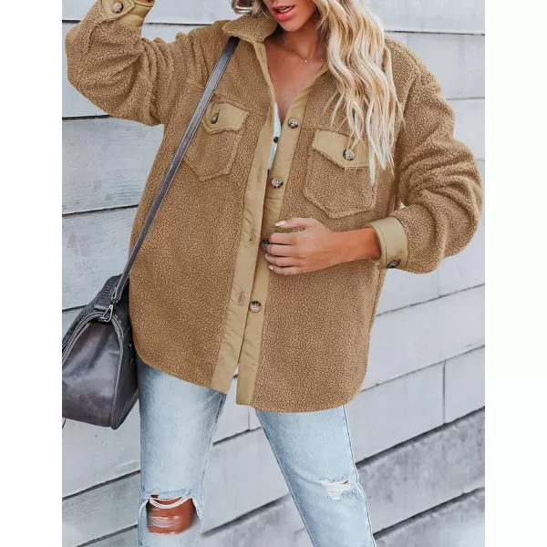 imageZESICA Womens Winter Casual Sherpa Fleece Jacket Long Sleeve Button Solid Warm Fuzzy Outwear Coat PocketsCamel