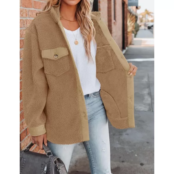 imageZESICA Womens Winter Casual Sherpa Fleece Jacket Long Sleeve Button Solid Warm Fuzzy Outwear Coat PocketsCamel