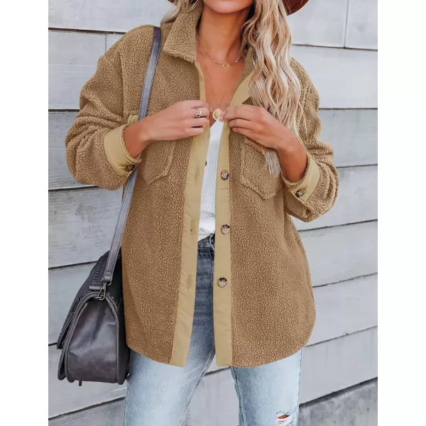 imageZESICA Womens Winter Casual Sherpa Fleece Jacket Long Sleeve Button Solid Warm Fuzzy Outwear Coat PocketsCamel