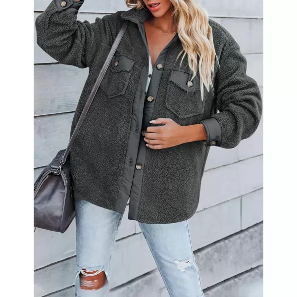 imageZESICA Womens Winter Casual Sherpa Fleece Jacket Long Sleeve Button Solid Warm Fuzzy Outwear Coat PocketsDarkgrey