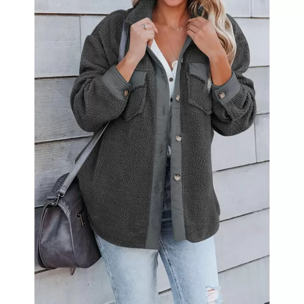 imageZESICA Womens Winter Casual Sherpa Fleece Jacket Long Sleeve Button Solid Warm Fuzzy Outwear Coat PocketsDarkgrey