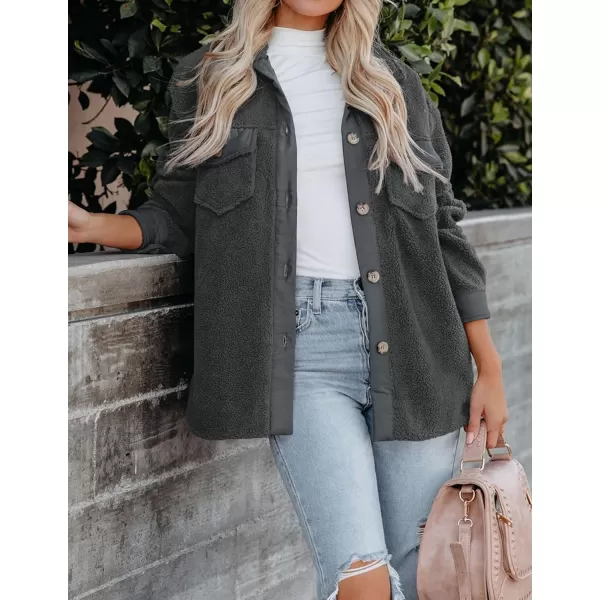 imageZESICA Womens Winter Casual Sherpa Fleece Jacket Long Sleeve Button Solid Warm Fuzzy Outwear Coat PocketsDarkgrey