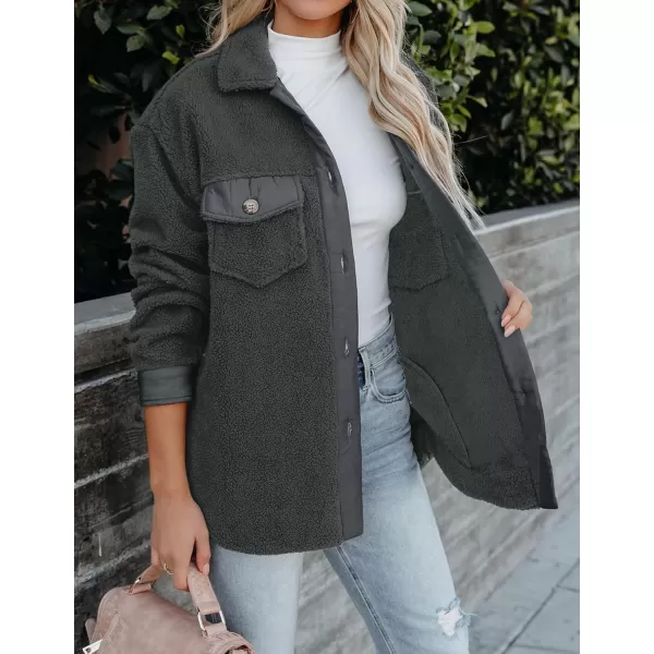 imageZESICA Womens Winter Casual Sherpa Fleece Jacket Long Sleeve Button Solid Warm Fuzzy Outwear Coat PocketsDarkgrey