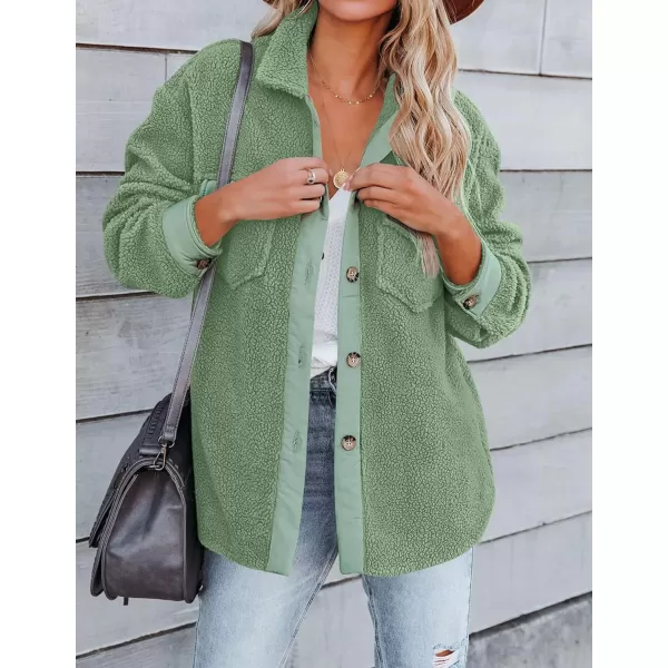 imageZESICA Womens Winter Casual Sherpa Fleece Jacket Long Sleeve Button Solid Warm Fuzzy Outwear Coat PocketsGreen