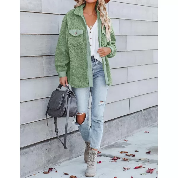 imageZESICA Womens Winter Casual Sherpa Fleece Jacket Long Sleeve Button Solid Warm Fuzzy Outwear Coat PocketsGreen
