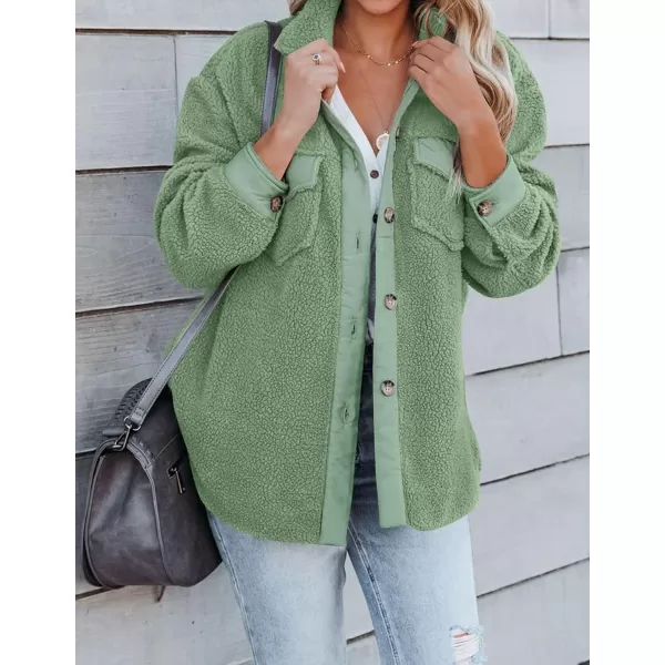 imageZESICA Womens Winter Casual Sherpa Fleece Jacket Long Sleeve Button Solid Warm Fuzzy Outwear Coat PocketsGreen