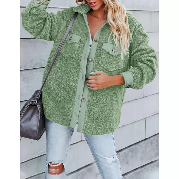 imageZESICA Womens Winter Casual Sherpa Fleece Jacket Long Sleeve Button Solid Warm Fuzzy Outwear Coat PocketsGreen