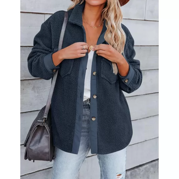 imageZESICA Womens Winter Casual Sherpa Fleece Jacket Long Sleeve Button Solid Warm Fuzzy Outwear Coat PocketsNavyblue