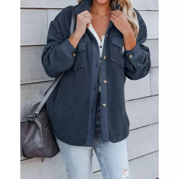 imageZESICA Womens Winter Casual Sherpa Fleece Jacket Long Sleeve Button Solid Warm Fuzzy Outwear Coat PocketsNavyblue