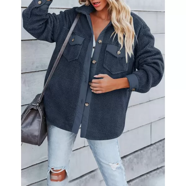 imageZESICA Womens Winter Casual Sherpa Fleece Jacket Long Sleeve Button Solid Warm Fuzzy Outwear Coat PocketsNavyblue