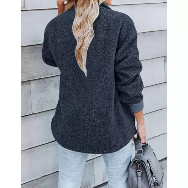 imageZESICA Womens Winter Casual Sherpa Fleece Jacket Long Sleeve Button Solid Warm Fuzzy Outwear Coat PocketsNavyblue