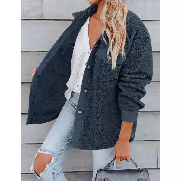 imageZESICA Womens Winter Casual Sherpa Fleece Jacket Long Sleeve Button Solid Warm Fuzzy Outwear Coat PocketsNavyblue