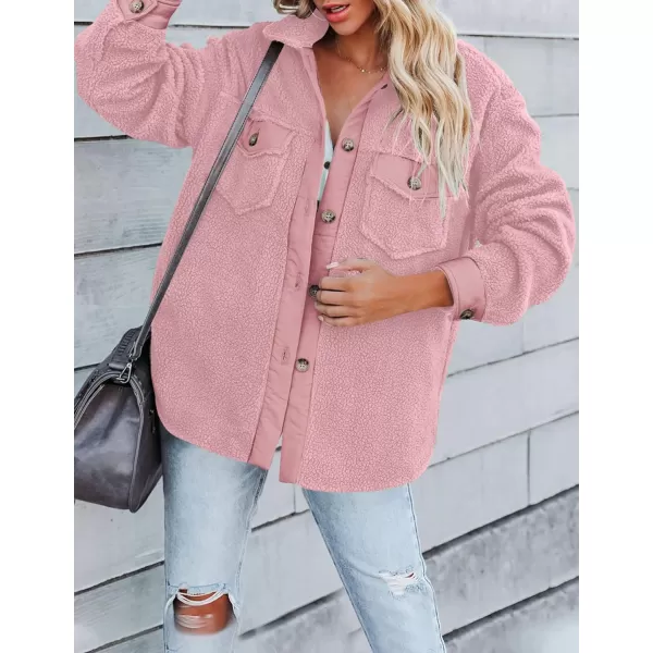 imageZESICA Womens Winter Casual Sherpa Fleece Jacket Long Sleeve Button Solid Warm Fuzzy Outwear Coat PocketsPink