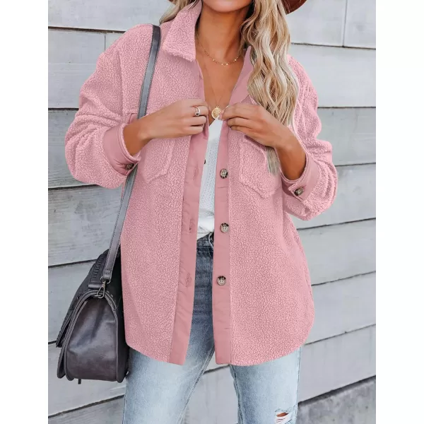 imageZESICA Womens Winter Casual Sherpa Fleece Jacket Long Sleeve Button Solid Warm Fuzzy Outwear Coat PocketsPink
