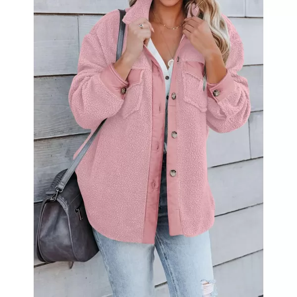 imageZESICA Womens Winter Casual Sherpa Fleece Jacket Long Sleeve Button Solid Warm Fuzzy Outwear Coat PocketsPink