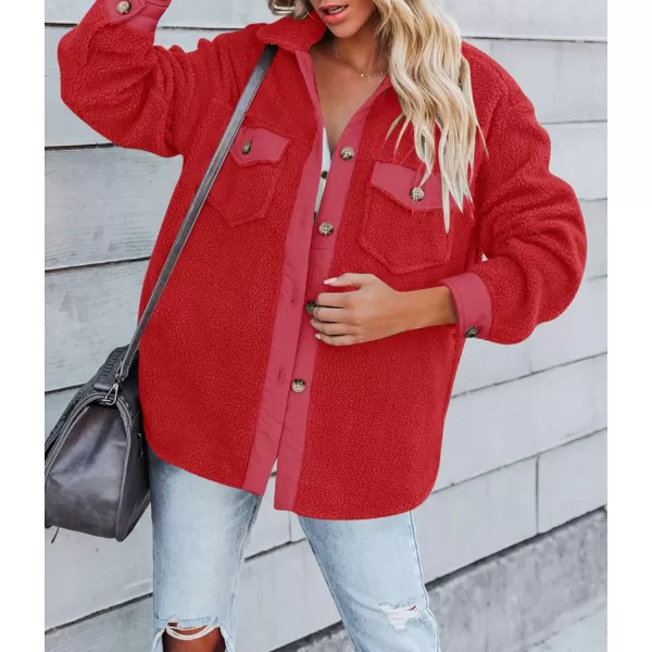 imageZESICA Womens Winter Casual Sherpa Fleece Jacket Long Sleeve Button Solid Warm Fuzzy Outwear Coat PocketsRed