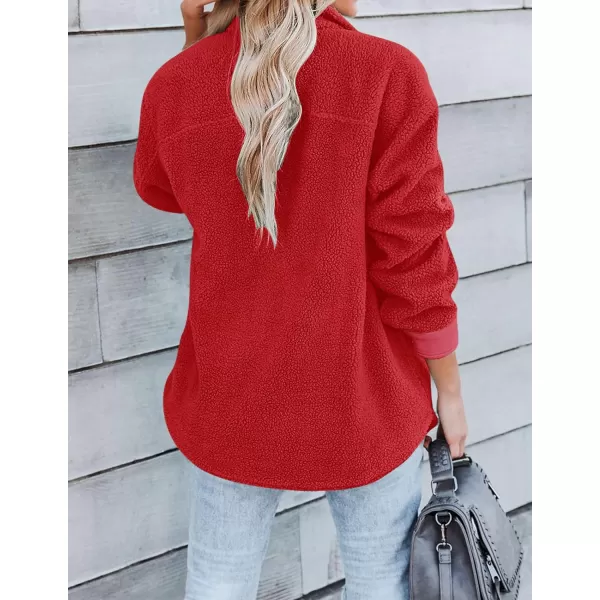 imageZESICA Womens Winter Casual Sherpa Fleece Jacket Long Sleeve Button Solid Warm Fuzzy Outwear Coat PocketsRed