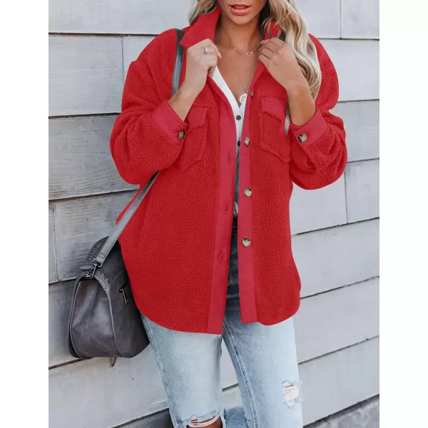 imageZESICA Womens Winter Casual Sherpa Fleece Jacket Long Sleeve Button Solid Warm Fuzzy Outwear Coat PocketsRed