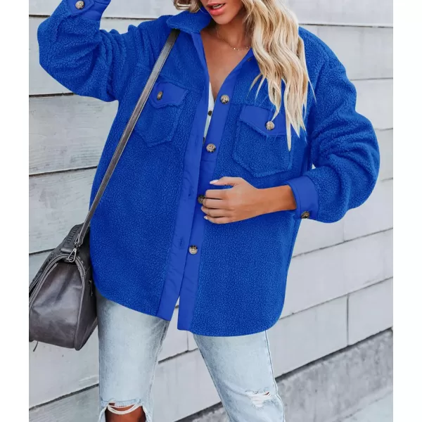 imageZESICA Womens Winter Casual Sherpa Fleece Jacket Long Sleeve Button Solid Warm Fuzzy Outwear Coat PocketsRoyalblue