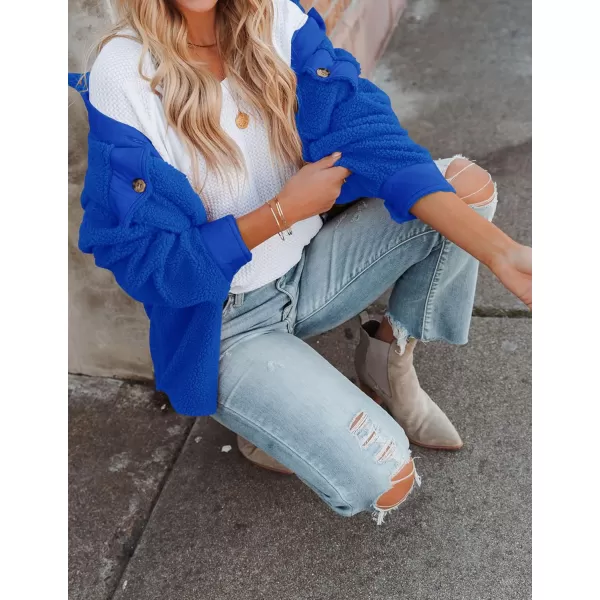 imageZESICA Womens Winter Casual Sherpa Fleece Jacket Long Sleeve Button Solid Warm Fuzzy Outwear Coat PocketsRoyalblue