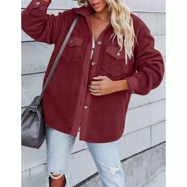 imageZESICA Womens Winter Casual Sherpa Fleece Jacket Long Sleeve Button Solid Warm Fuzzy Outwear Coat PocketsWine