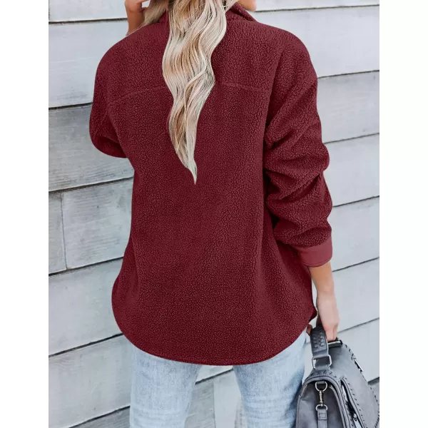 imageZESICA Womens Winter Casual Sherpa Fleece Jacket Long Sleeve Button Solid Warm Fuzzy Outwear Coat PocketsWine