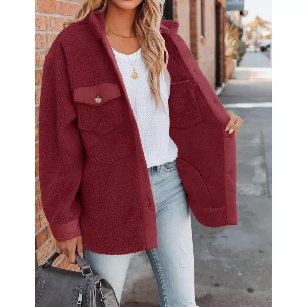 imageZESICA Womens Winter Casual Sherpa Fleece Jacket Long Sleeve Button Solid Warm Fuzzy Outwear Coat PocketsWine