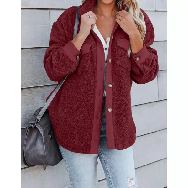 imageZESICA Womens Winter Casual Sherpa Fleece Jacket Long Sleeve Button Solid Warm Fuzzy Outwear Coat PocketsWine