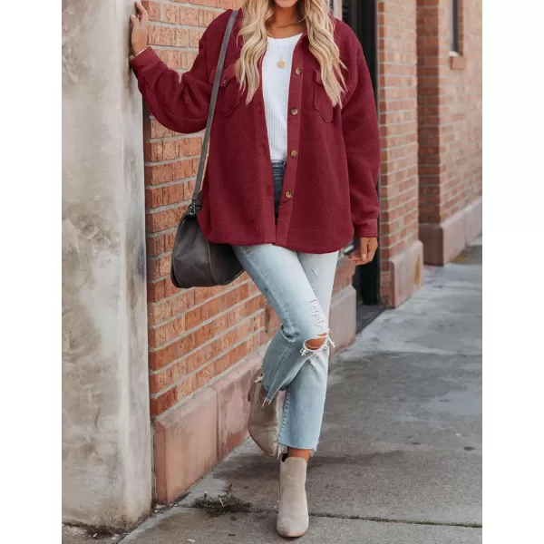 imageZESICA Womens Winter Casual Sherpa Fleece Jacket Long Sleeve Button Solid Warm Fuzzy Outwear Coat PocketsWine