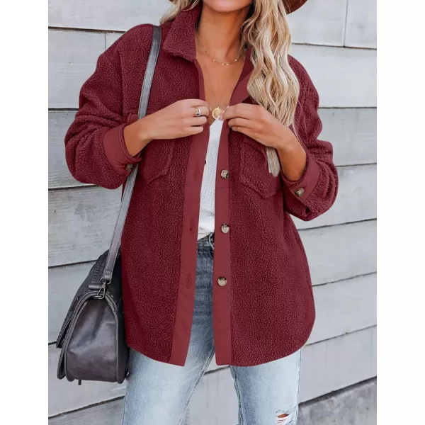 imageZESICA Womens Winter Casual Sherpa Fleece Jacket Long Sleeve Button Solid Warm Fuzzy Outwear Coat PocketsWine