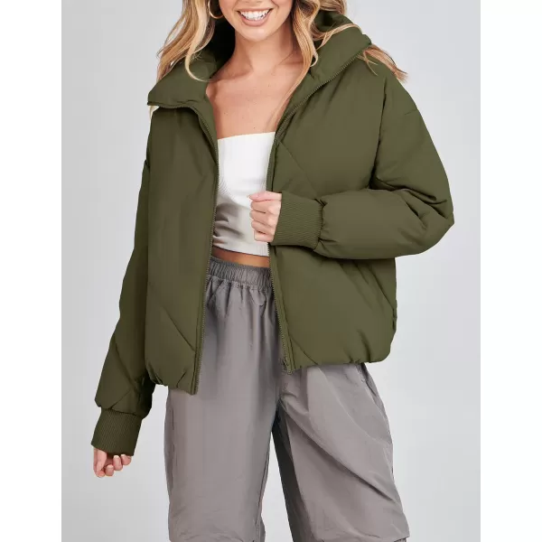 imageZESICA Womens Winter Cropped Puffer Jacket Long Sleeve Zip Up Quilted Short Down Coat with PocketsArmygreen