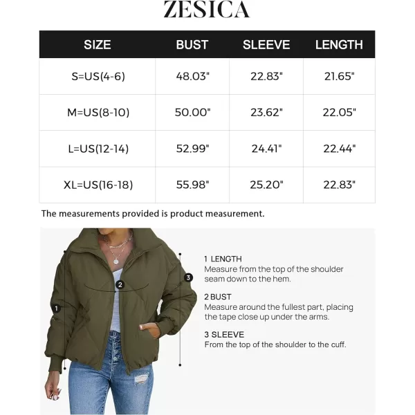 imageZESICA Womens Winter Cropped Puffer Jacket Long Sleeve Zip Up Quilted Short Down Coat with PocketsArmygreen