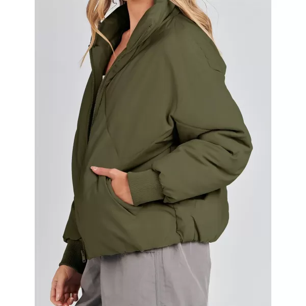 imageZESICA Womens Winter Cropped Puffer Jacket Long Sleeve Zip Up Quilted Short Down Coat with PocketsArmygreen