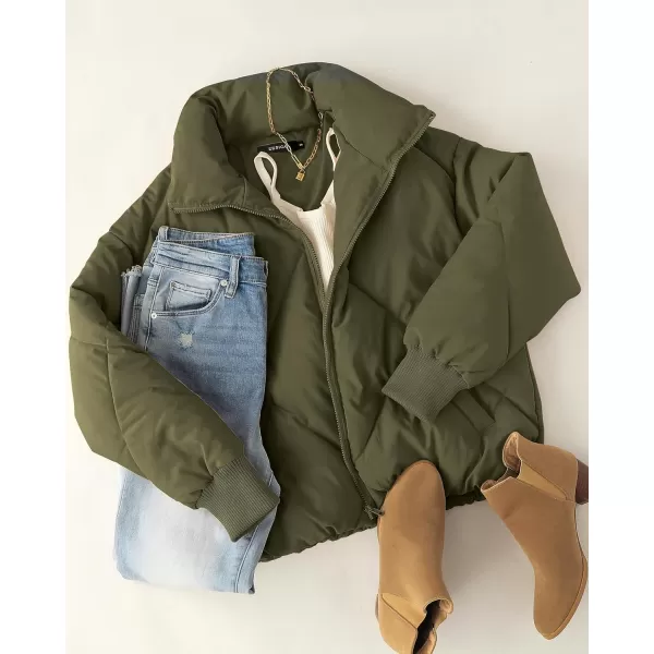 imageZESICA Womens Winter Cropped Puffer Jacket Long Sleeve Zip Up Quilted Short Down Coat with PocketsArmygreen