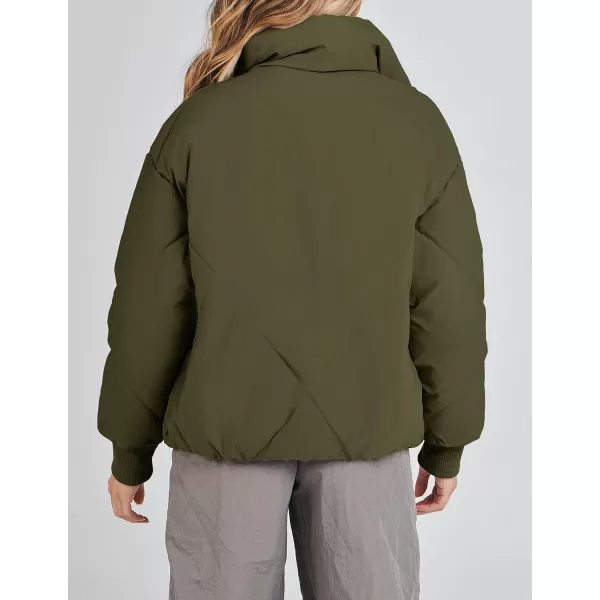 imageZESICA Womens Winter Cropped Puffer Jacket Long Sleeve Zip Up Quilted Short Down Coat with PocketsArmygreen