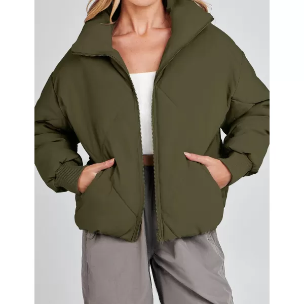 imageZESICA Womens Winter Cropped Puffer Jacket Long Sleeve Zip Up Quilted Short Down Coat with PocketsArmygreen
