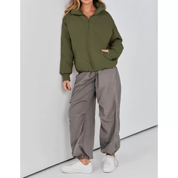 imageZESICA Womens Winter Cropped Puffer Jacket Long Sleeve Zip Up Quilted Short Down Coat with PocketsArmygreen